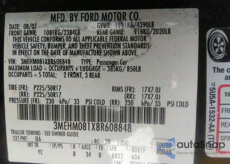 2008 Mercury Milan V6 Premier from USA, damaged, VIN 3MEHM081X8R608848